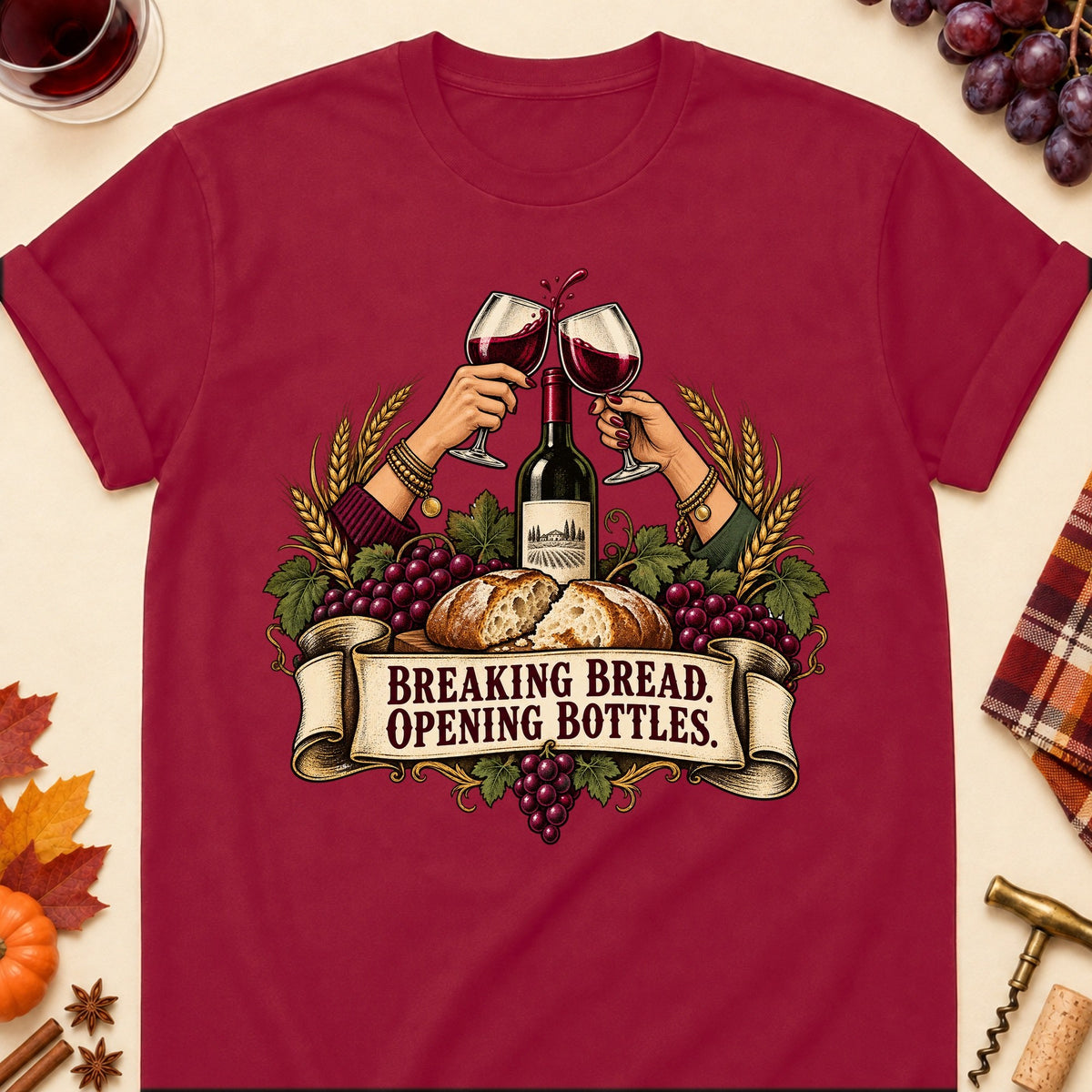 Breaking Bread. Opening Bottles Colored Print T-Shirt - Cardinal Red - Brooke & Belle