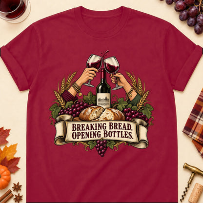 Breaking Bread. Opening Bottles Colored Print T-Shirt - Cardinal Red - Brooke & Belle