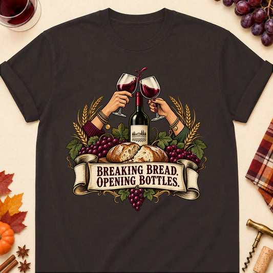 Breaking Bread. Opening Bottles Colored Print T-Shirt - Dark Chocolate - Brooke & Belle