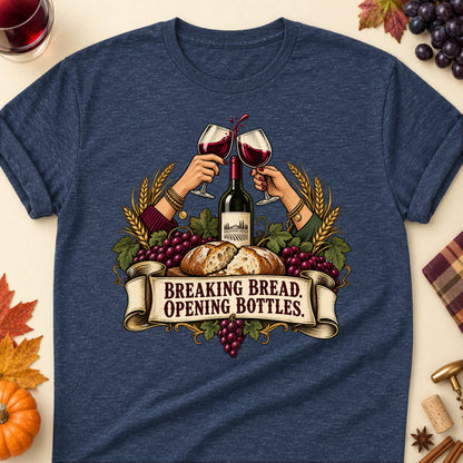 Breaking Bread. Opening Bottles Colored Print T-Shirt - Heather Navy - Brooke & Belle