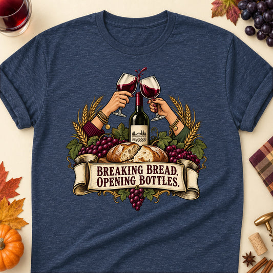 Breaking Bread. Opening Bottles Colored Print T-Shirt - Heather Navy - Brooke & Belle