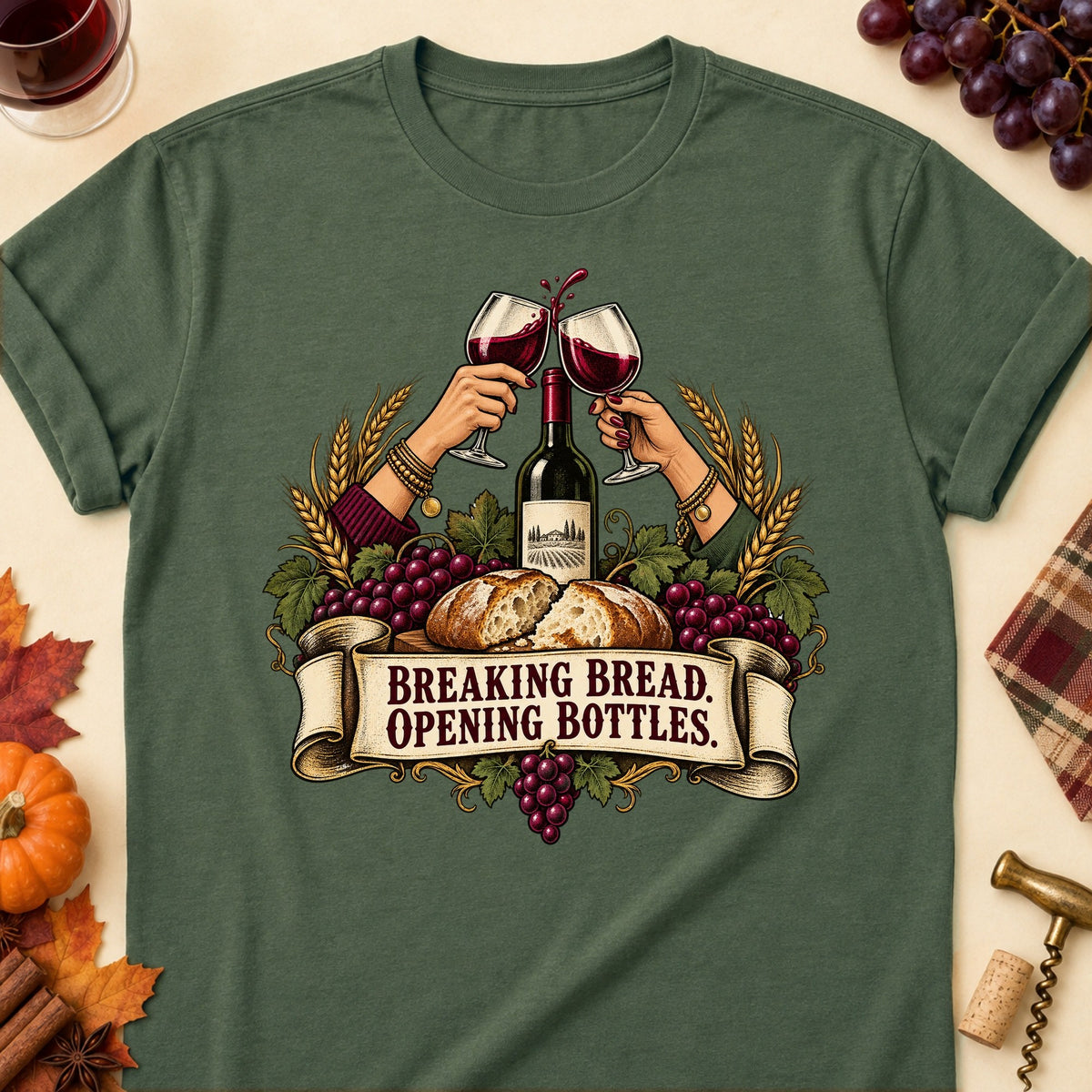 Breaking Bread. Opening Bottles Colored Print T-Shirt - Military Green - Brooke & Belle