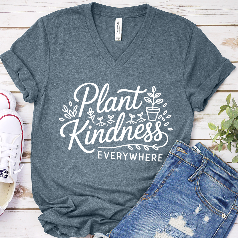 Plant Kindness Everywhere V-Neck - Heather Slate - Brooke & Belle