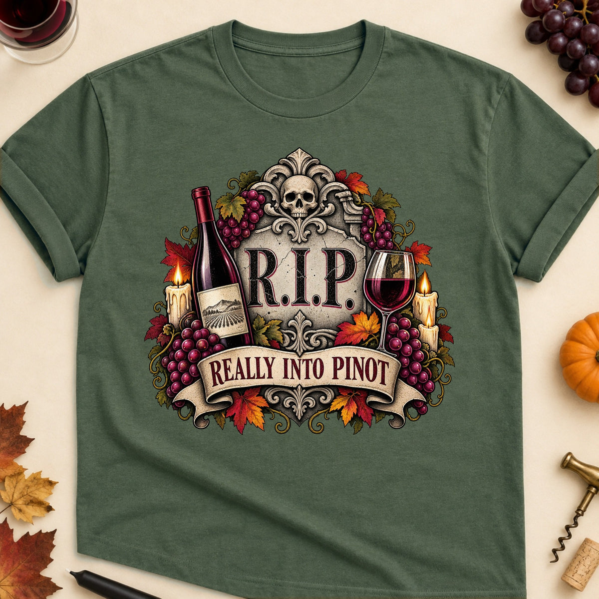 R.I.P. Really Into Pinot Colored Print T-Shirt - Military Green - Brooke & Belle
