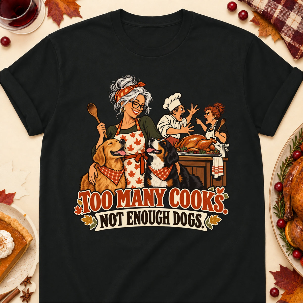 Too Many Cooks. Not Enough Dogs. Thanksgiving Dog Mom T-Shirt in Black
