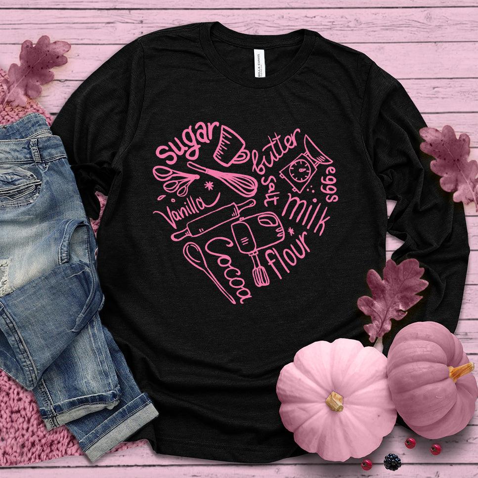 Bakery Heart Long Sleeves Pink Edition Black - Hand-drawn baking elements forming a heart on a long sleeve tee, perfect for food lovers and style enthusiasts.