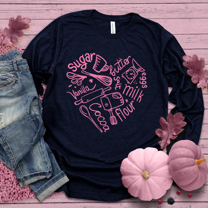 Bakery Heart Long Sleeves Pink Edition Navy - Hand-drawn baking elements forming a heart on a long sleeve tee, perfect for food lovers and style enthusiasts.
