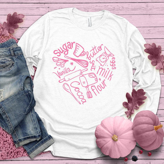 Bakery Heart Long Sleeves Pink Edition White - Hand-drawn baking elements forming a heart on a long sleeve tee, perfect for food lovers and style enthusiasts.