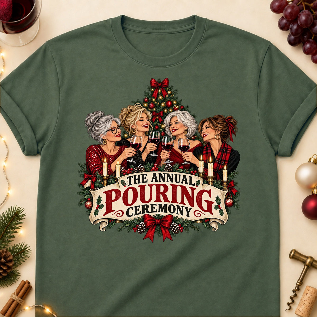 The Annual Pouring Ceremony Colored Print T-Shirt - Military Green - Brooke & Belle