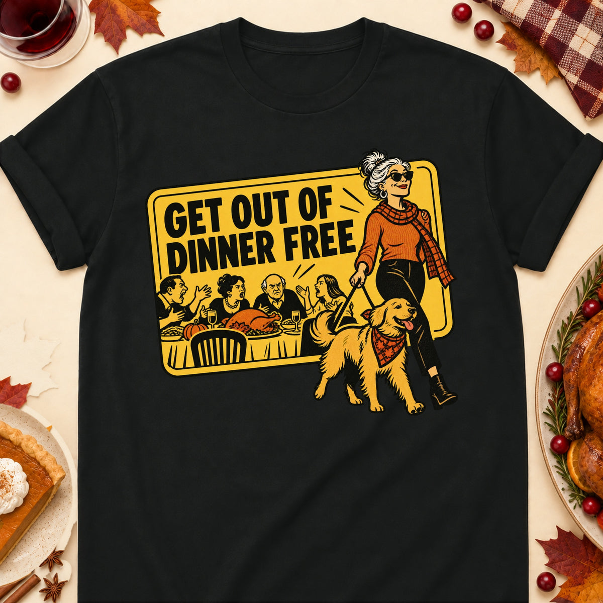 Get Out Of Dinner Free Thanksgiving Dog Mom T-Shirt in Black
