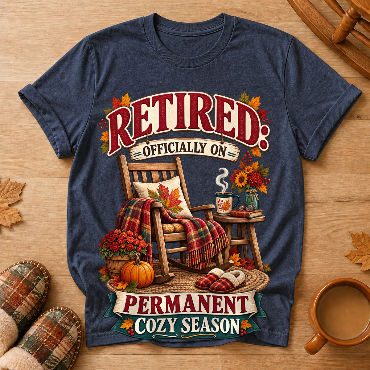 Retired Permanent Cozy Season T-shirt - Heather Navy - Brooke & Belle