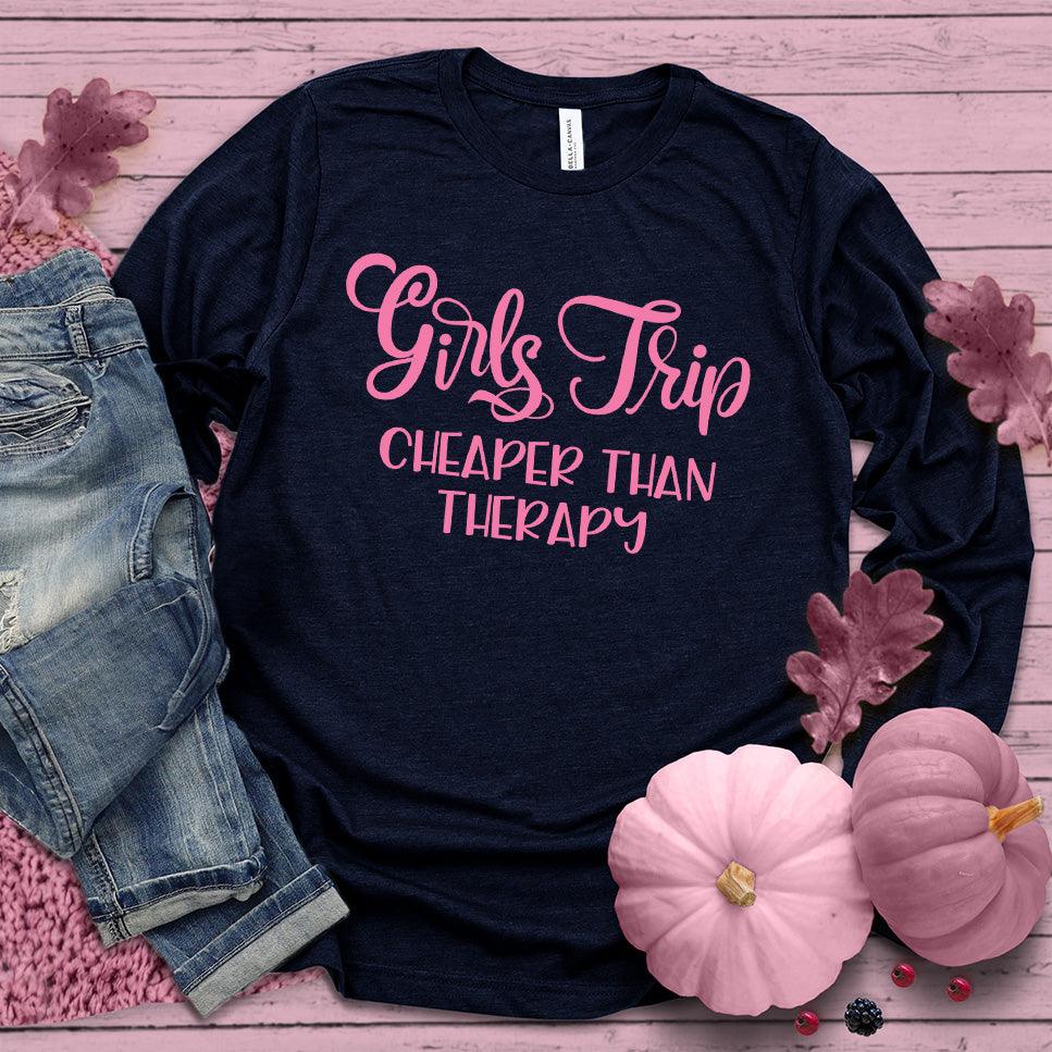 Girls Trip Long Sleeves Pink Edition Navy - Fun long sleeve tee with 'Girls Trip Cheaper Than Therapy' - Perfect for group travels
