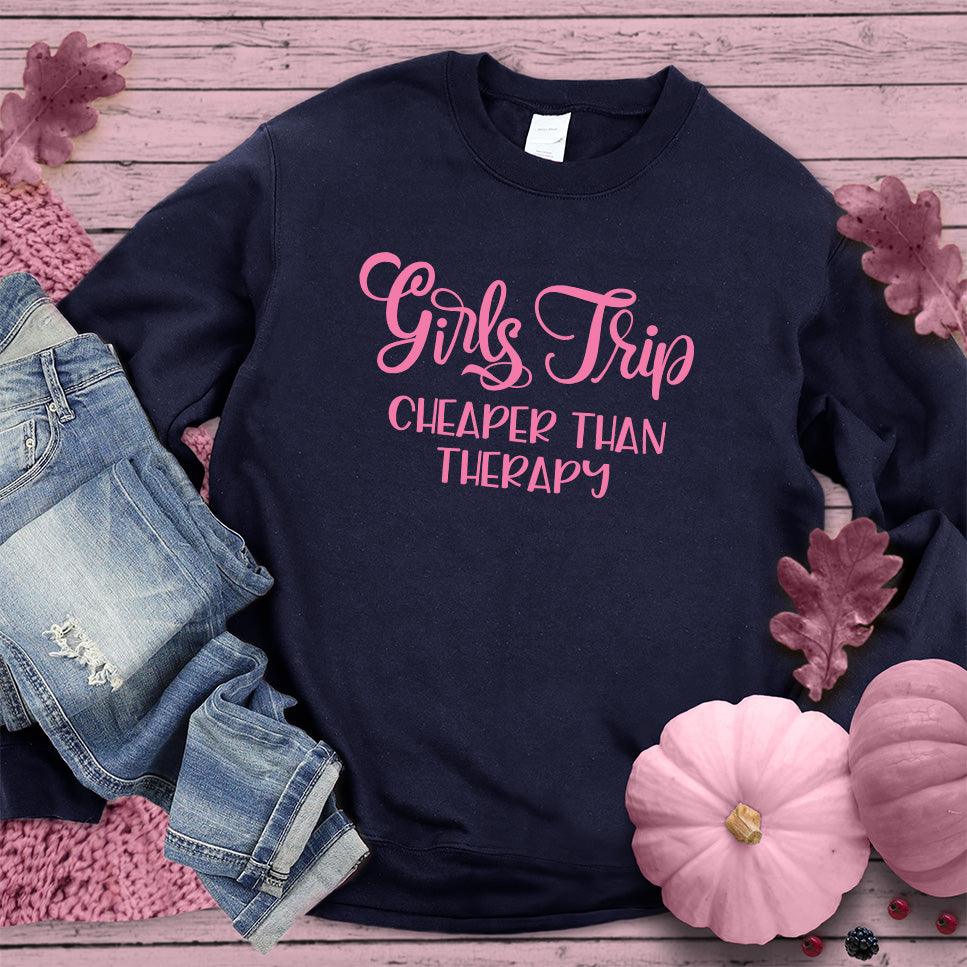 Girls Trip Sweatshirt Pink Edition Navy - Cozy Girls Trip themed crewneck sweatshirt perfect for friend getaways.