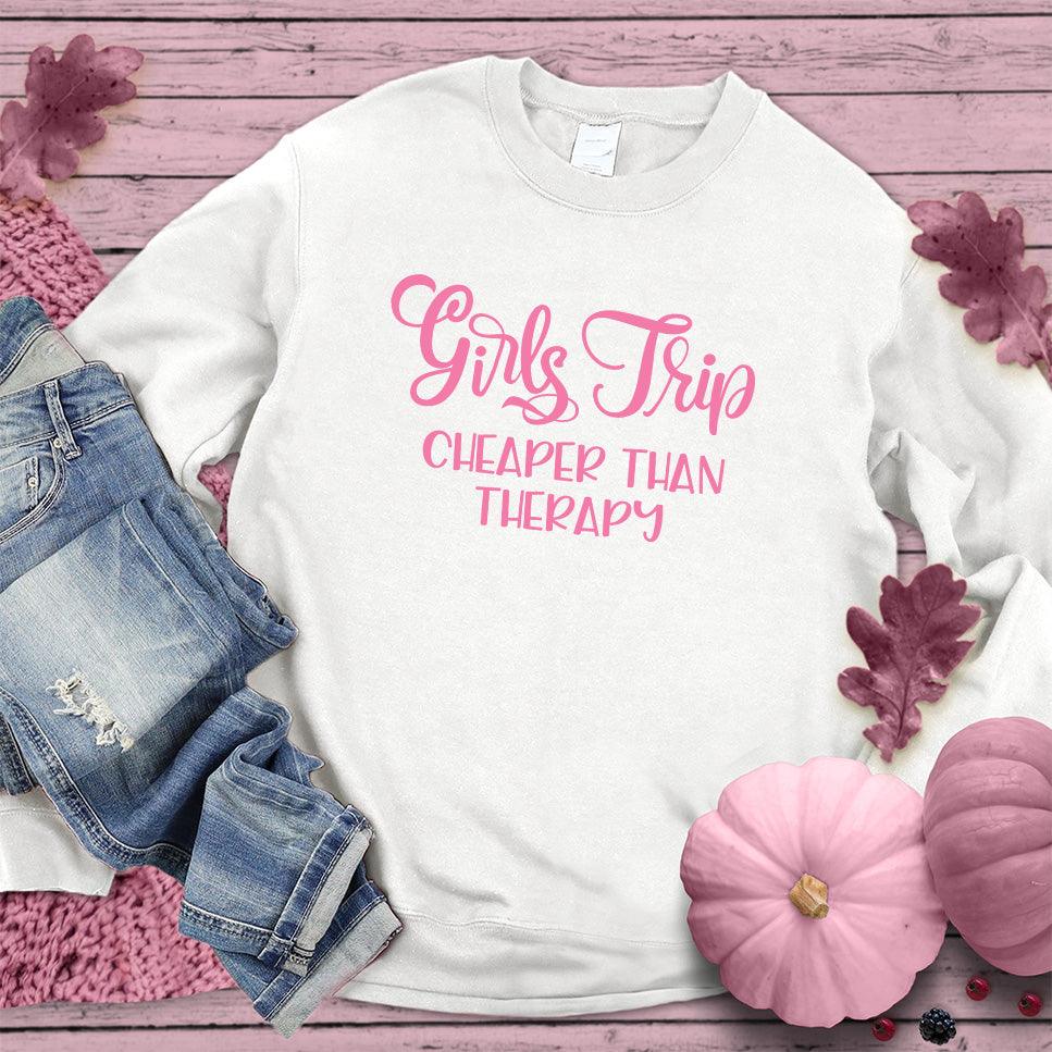 Girls Trip Sweatshirt Pink Edition White - Cozy Girls Trip themed crewneck sweatshirt perfect for friend getaways.