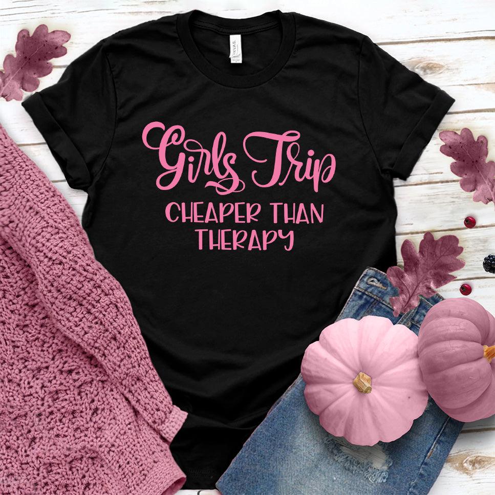 Girls Trip T-Shirt Pink Edition Black - Graphic tee with 'Girls Trip - Cheaper Than Therapy' message, perfect for friend outings
