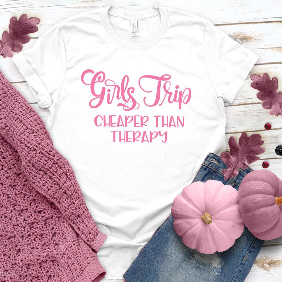 Girls Trip T-Shirt Pink Edition White - Graphic tee with 'Girls Trip - Cheaper Than Therapy' message, perfect for friend outings