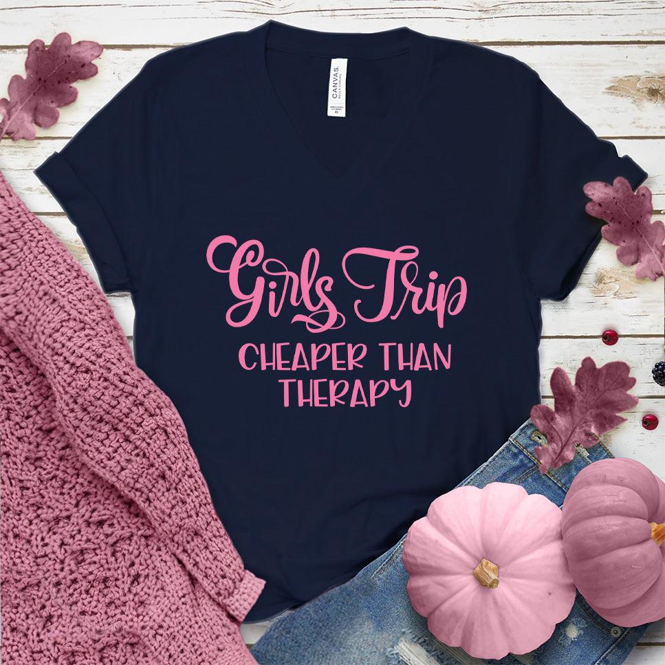 Girls Trip V-Neck Pink Edition Navy - Stylish v-neck tee with 'Girls Trip - Cheaper Than Therapy' quote, perfect for friend getaways