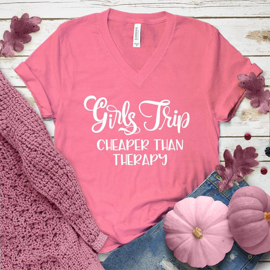 Girls Trip V-Neck Pink Edition Neon Pink - Stylish v-neck tee with 'Girls Trip - Cheaper Than Therapy' quote, perfect for friend getaways