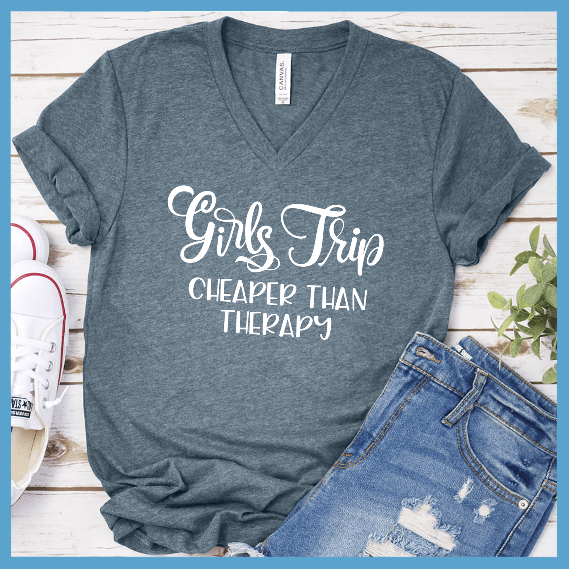 Girls Trip V-Neck Heather Slate - Girls Trip V-Neck T-shirt with fun quote, ideal for group travel and bonding.
