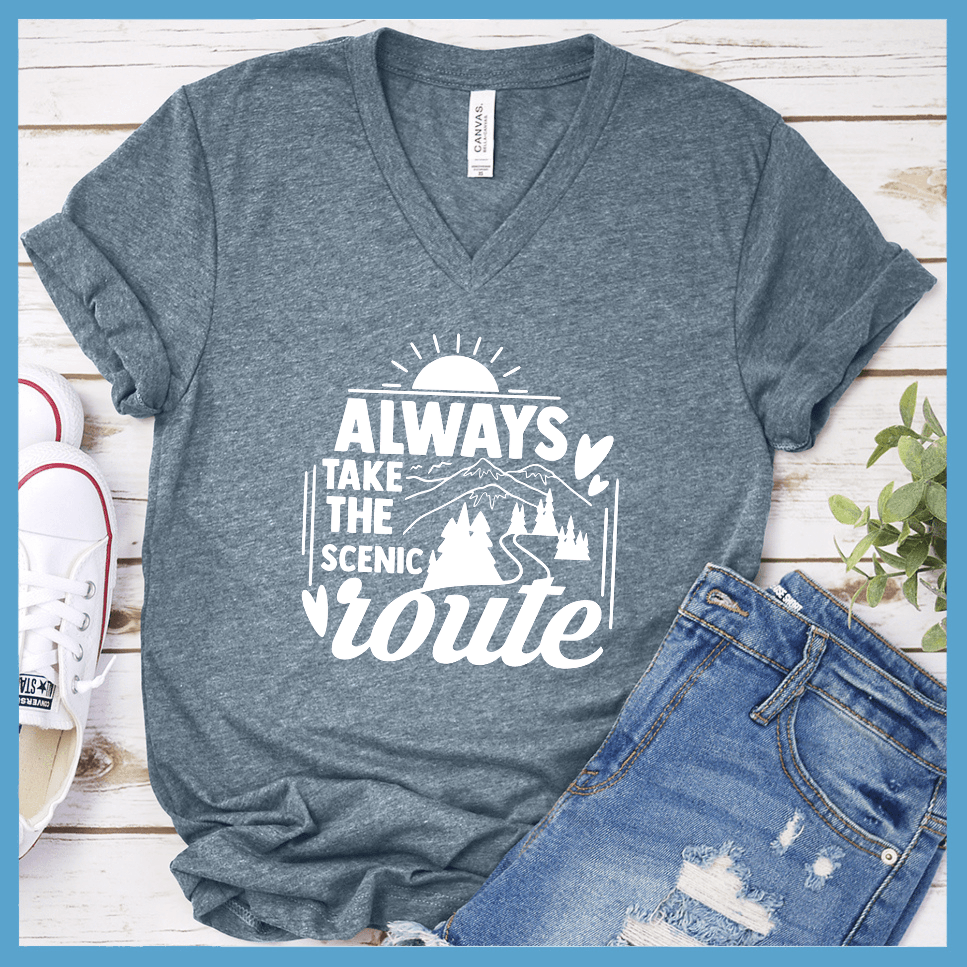 Always Take The Scenic Route V-neck Heather Slate - "Always Take The Scenic Route" graphic V-neck t-shirt with mountain and sunburst design.