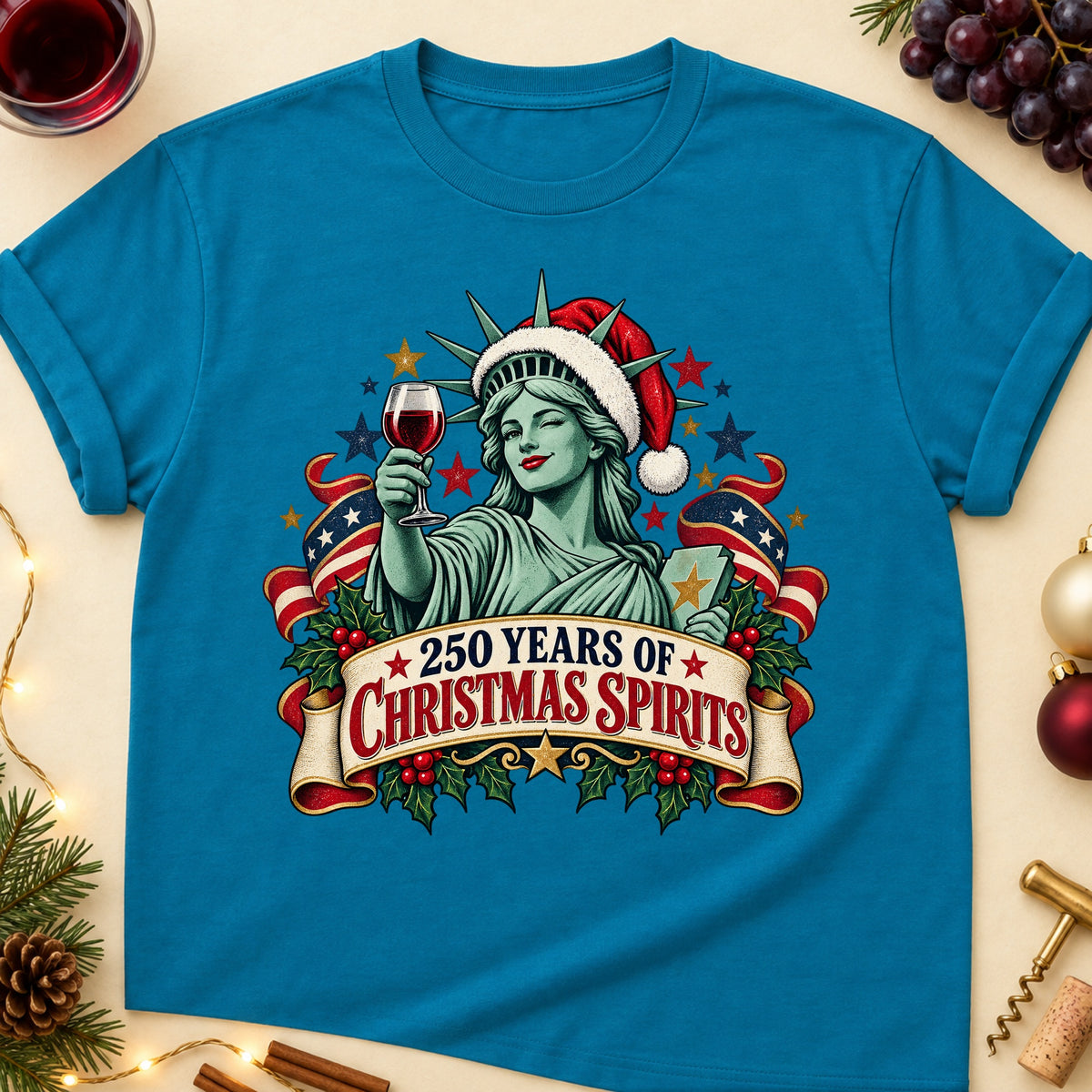 250 Years Of Christmas Spirits Colored Print T-Shirt - Antique Sapphire - Brooke & Belle