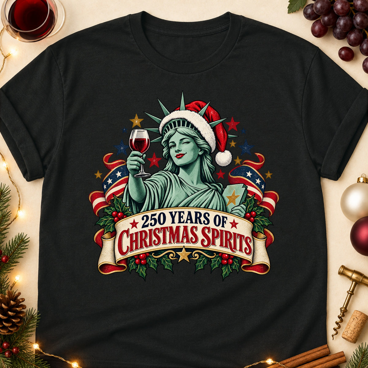 250 Years Of Christmas Spirits Colored Print T-Shirt - Black - Brooke & Belle