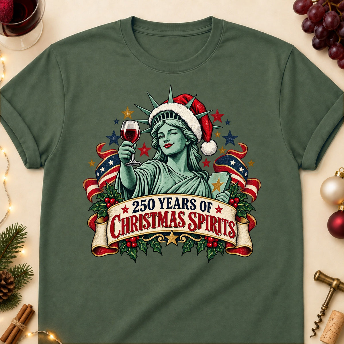 250 Years Of Christmas Spirits Colored Print T-Shirt - Military Green - Brooke & Belle
