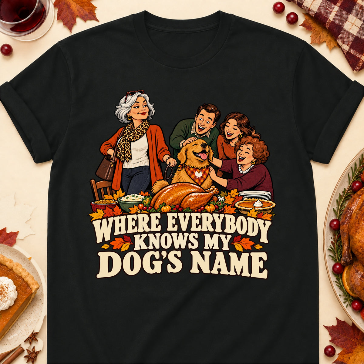 Where Everybody Knows My Dog's Name Thanksgiving Dog Mom T-Shirt in Black