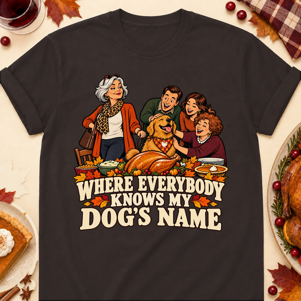 Where Everybody Knows My Dog's Name Thanksgiving Dog Mom T-Shirt in Dark Chocolate