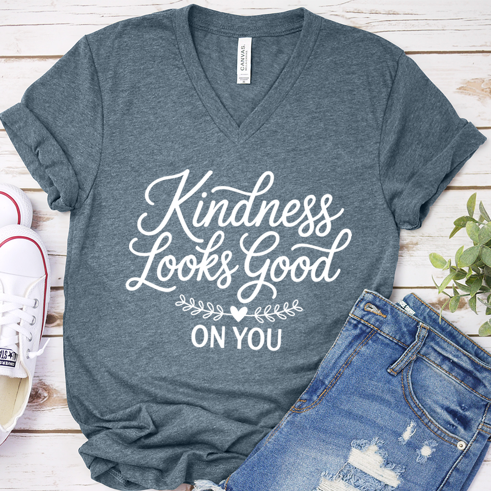 Kindness Looks Good On You V-Neck - Heather Slate - Brooke & Belle