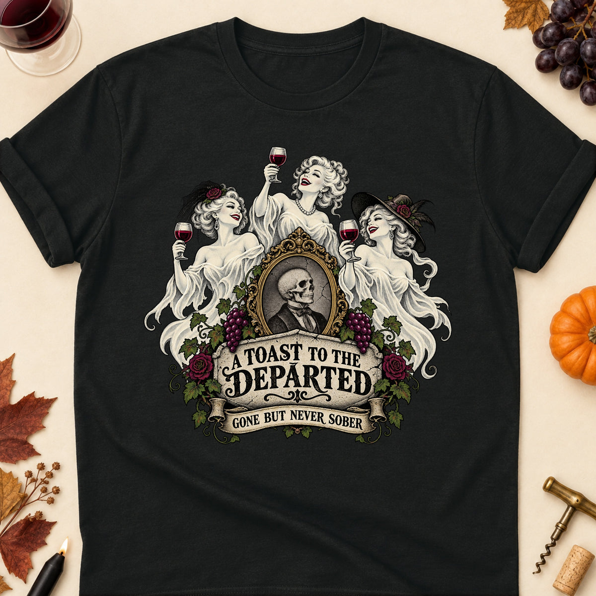 A Toast To The Departed Gone But Never Sober Colored Print T-Shirt - Black - Brooke & Belle
