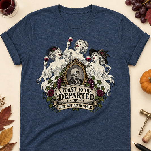 A Toast To The Departed Gone But Never Sober Colored Print T-Shirt - Heather Navy - Brooke & Belle