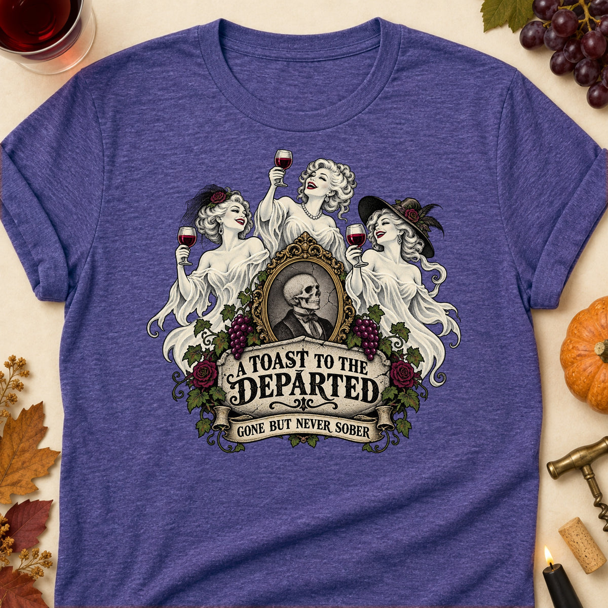 A Toast To The Departed Gone But Never Sober Colored Print T-Shirt - Heather Purple - Brooke & Belle