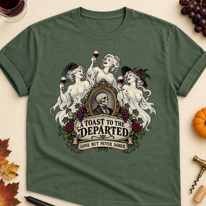 A Toast To The Departed Gone But Never Sober Colored Print T-Shirt - Military Green - Brooke & Belle