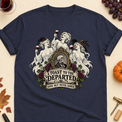 A Toast To The Departed Gone But Never Sober Colored Print T-Shirt - Navy - Brooke & Belle