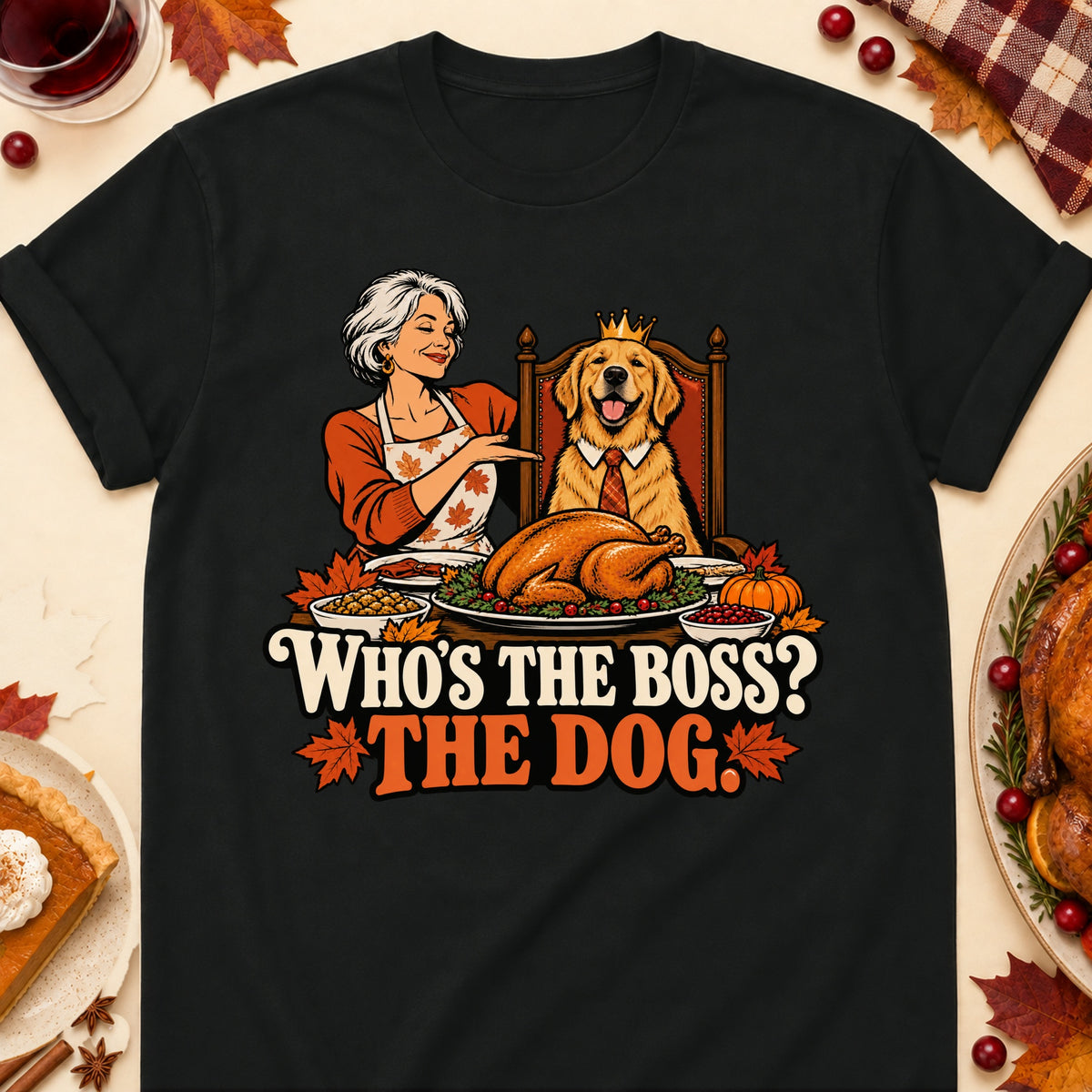 Who's The Boss? The Dog. Thanksgiving Dog Mom T-Shirt in Black