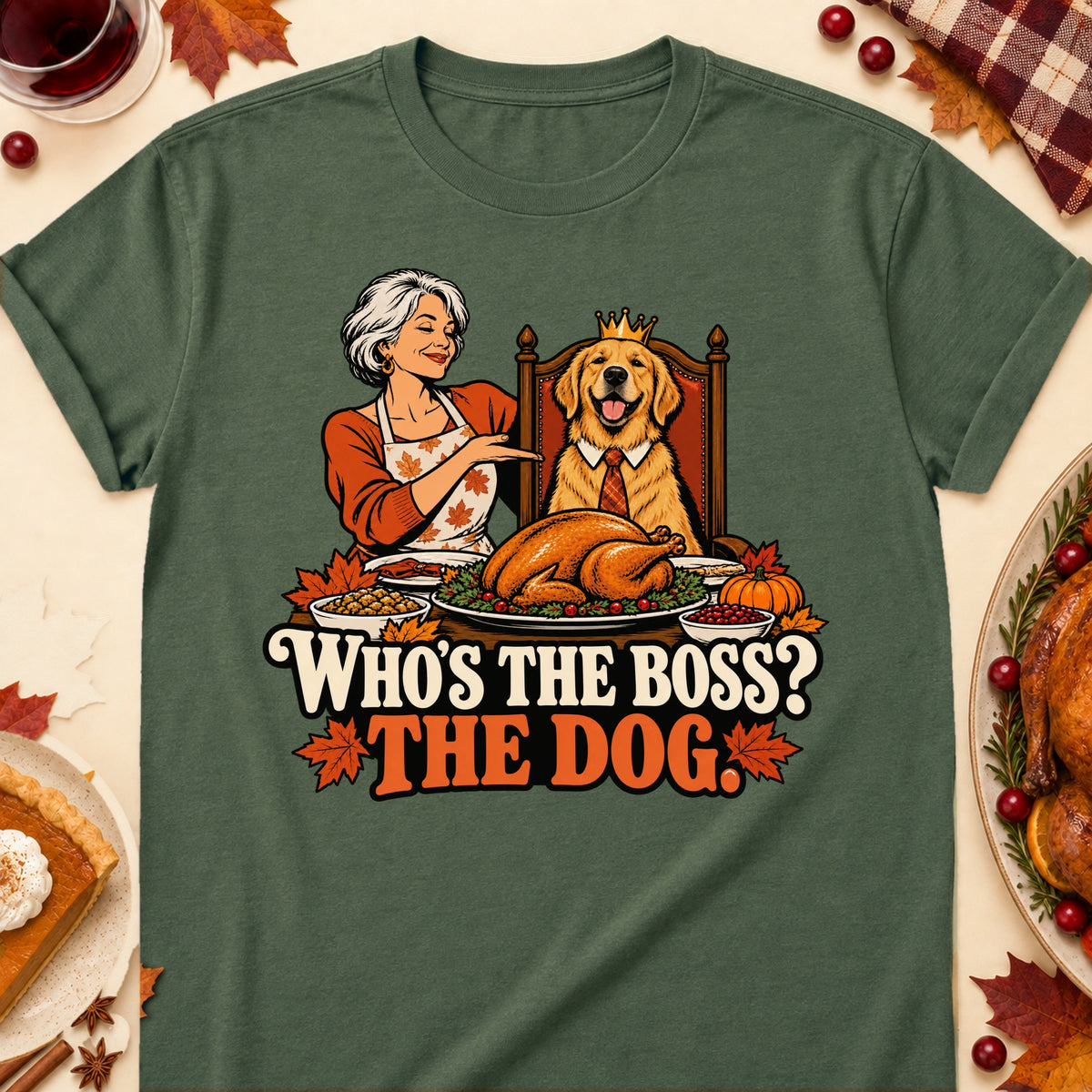 Who's The Boss? The Dog. Thanksgiving Dog Mom T-Shirt in Military Green