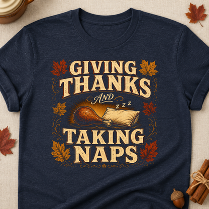 Giving Thanks And Taking Naps Fall Colored Print T-Shirt - Heather Navy - Brooke & Belle