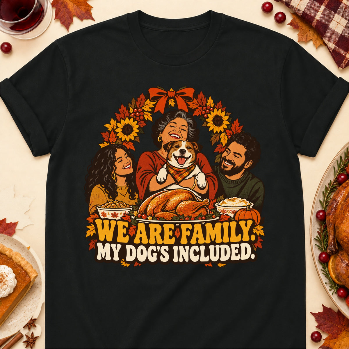 We Are Family. My Dog's Included. Thanksgiving Dog Mom T-Shirt in Black