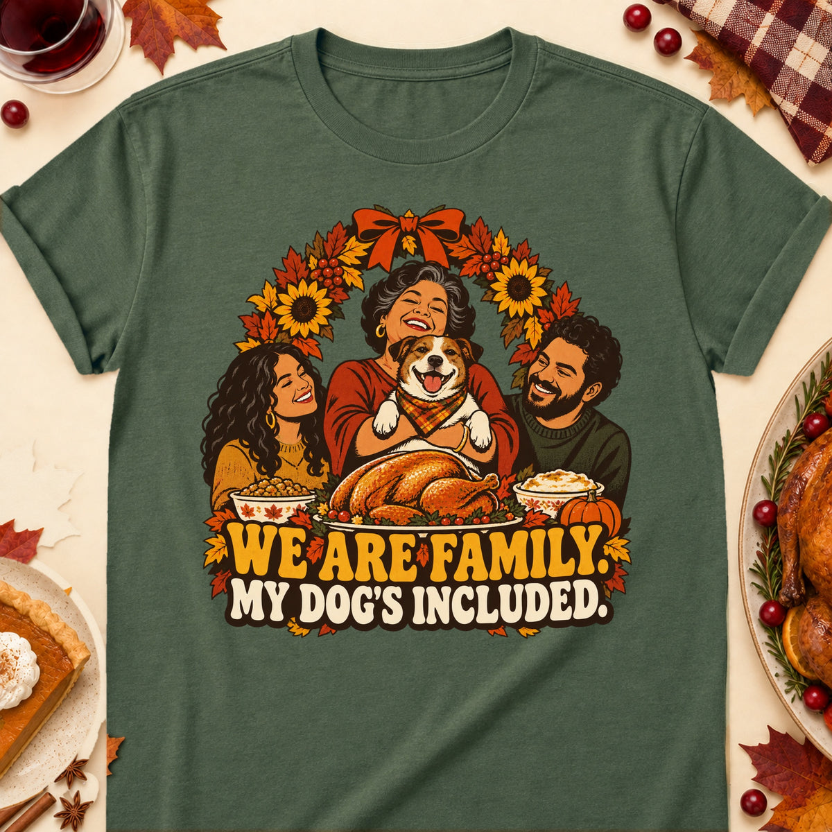We Are Family. My Dog's Included. Thanksgiving Dog Mom T-Shirt in Military Green
