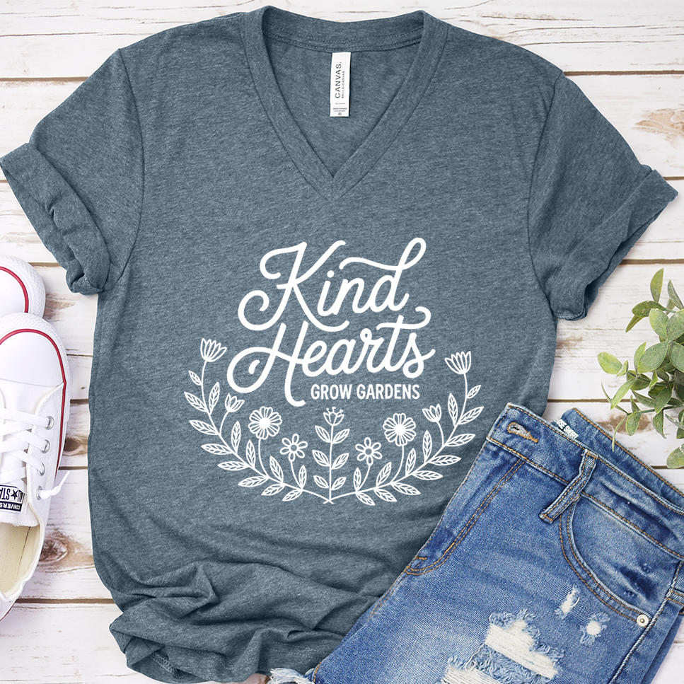 Kind Hearts Grow Gardens V-Neck - Heather Slate - Brooke & Belle