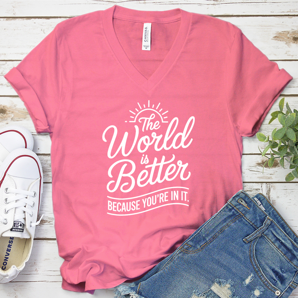 The World Is Better Because You're In It V-Neck - Neon Pink - Brooke & Belle
