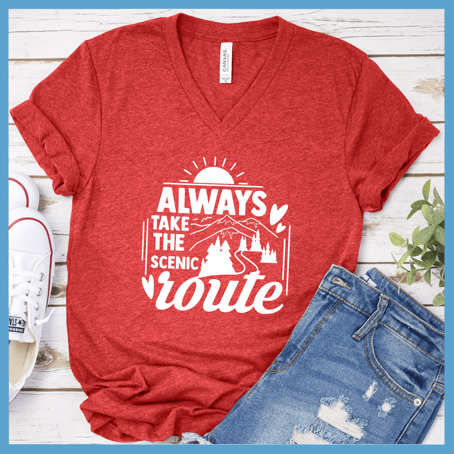 Always Take The Scenic Route V-neck Heather Red - "Always Take The Scenic Route" graphic V-neck t-shirt with mountain and sunburst design.