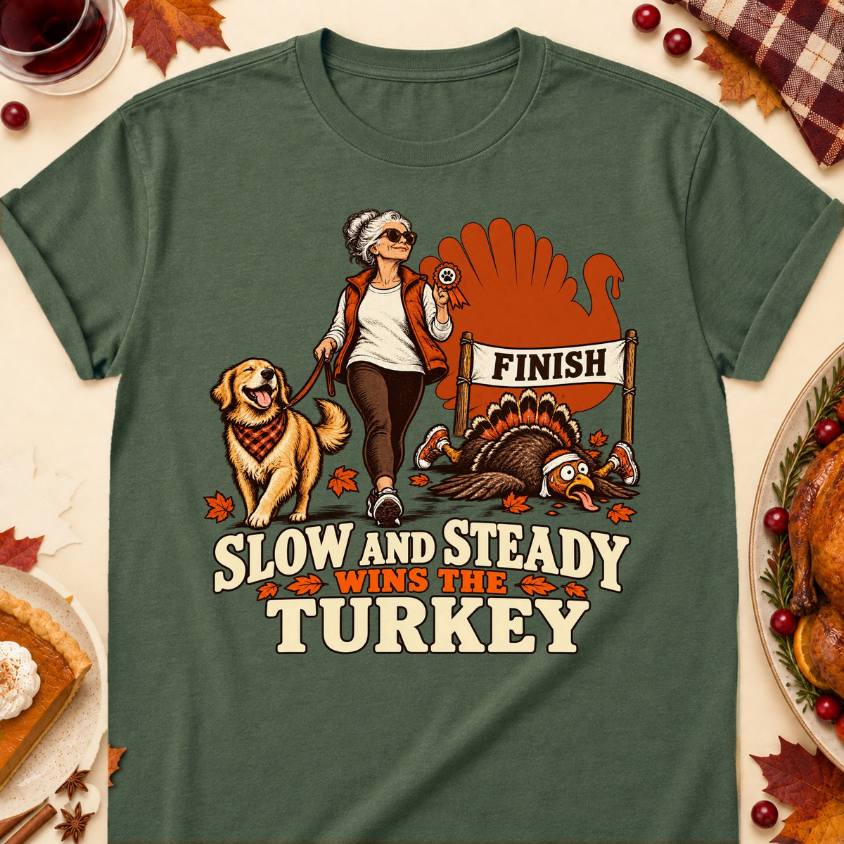 Slow And Steady Wins The Turkey Thanksgiving Dog Mom T-Shirt in Military Green