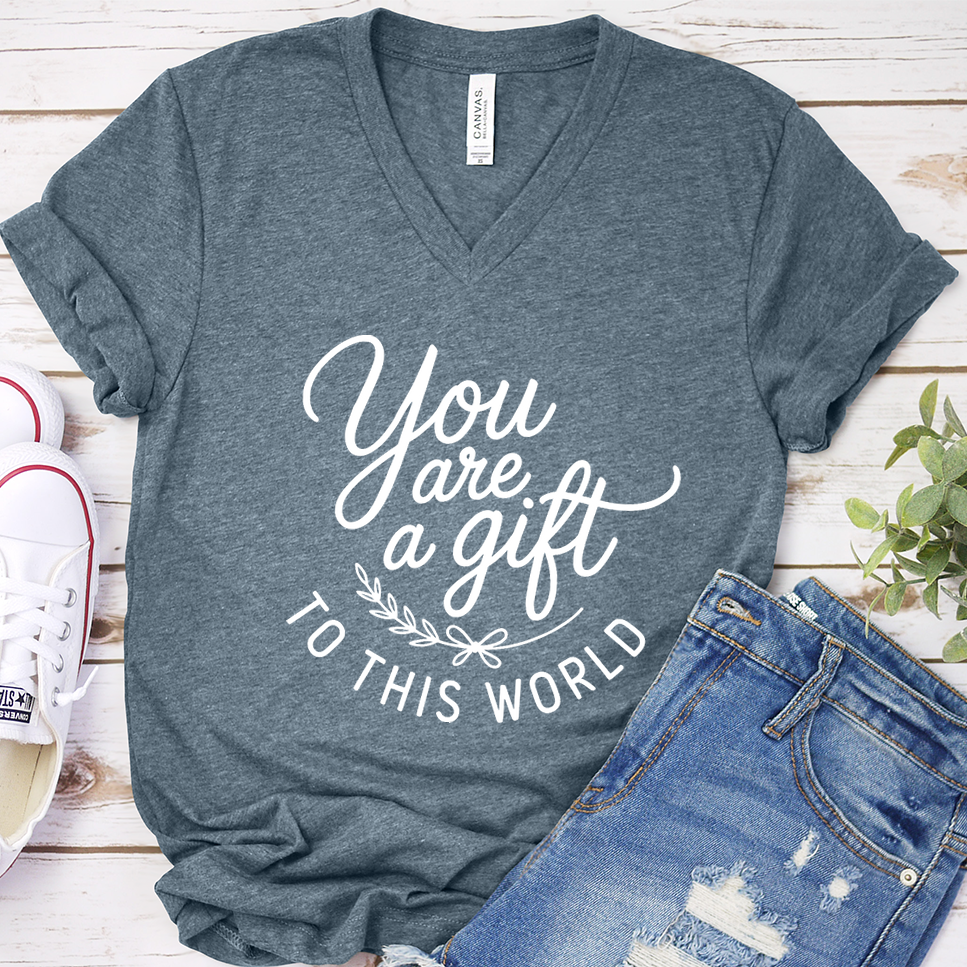You Are A Gift To This World V-Neck - Heather Slate - Brooke & Belle