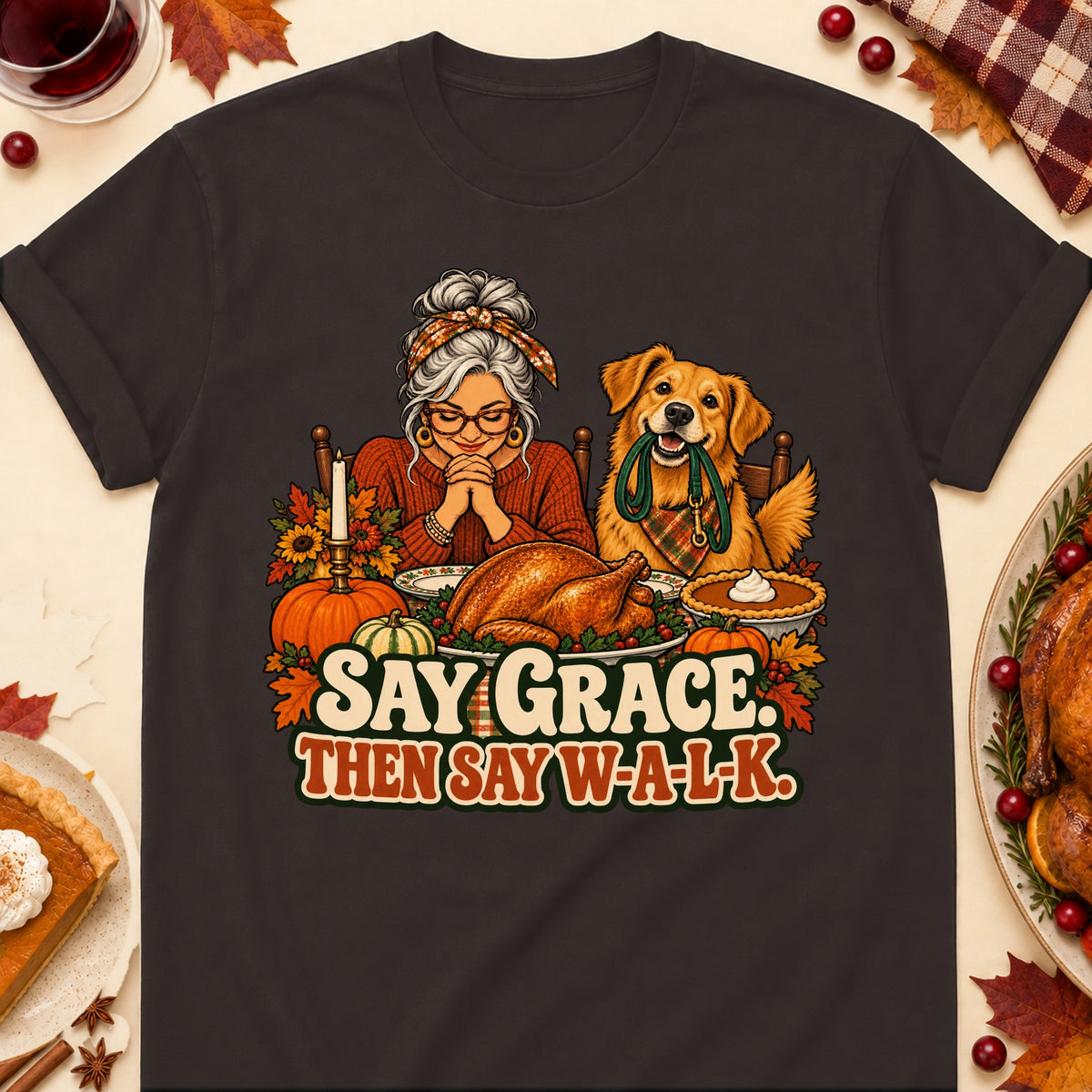 Say Grace. Then Say W-A-L-K. Thanksgiving Dog Mom T-Shirt in Dark Chocolate