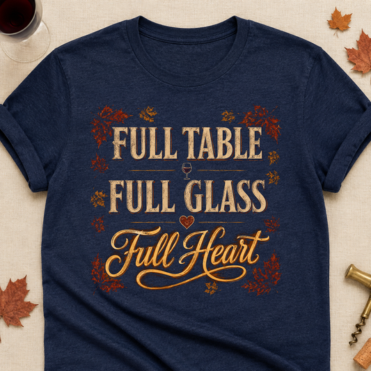 Full Table Full Glass Full Heart Fall Colored Print T-Shirt - Heather Navy - Brooke & Belle