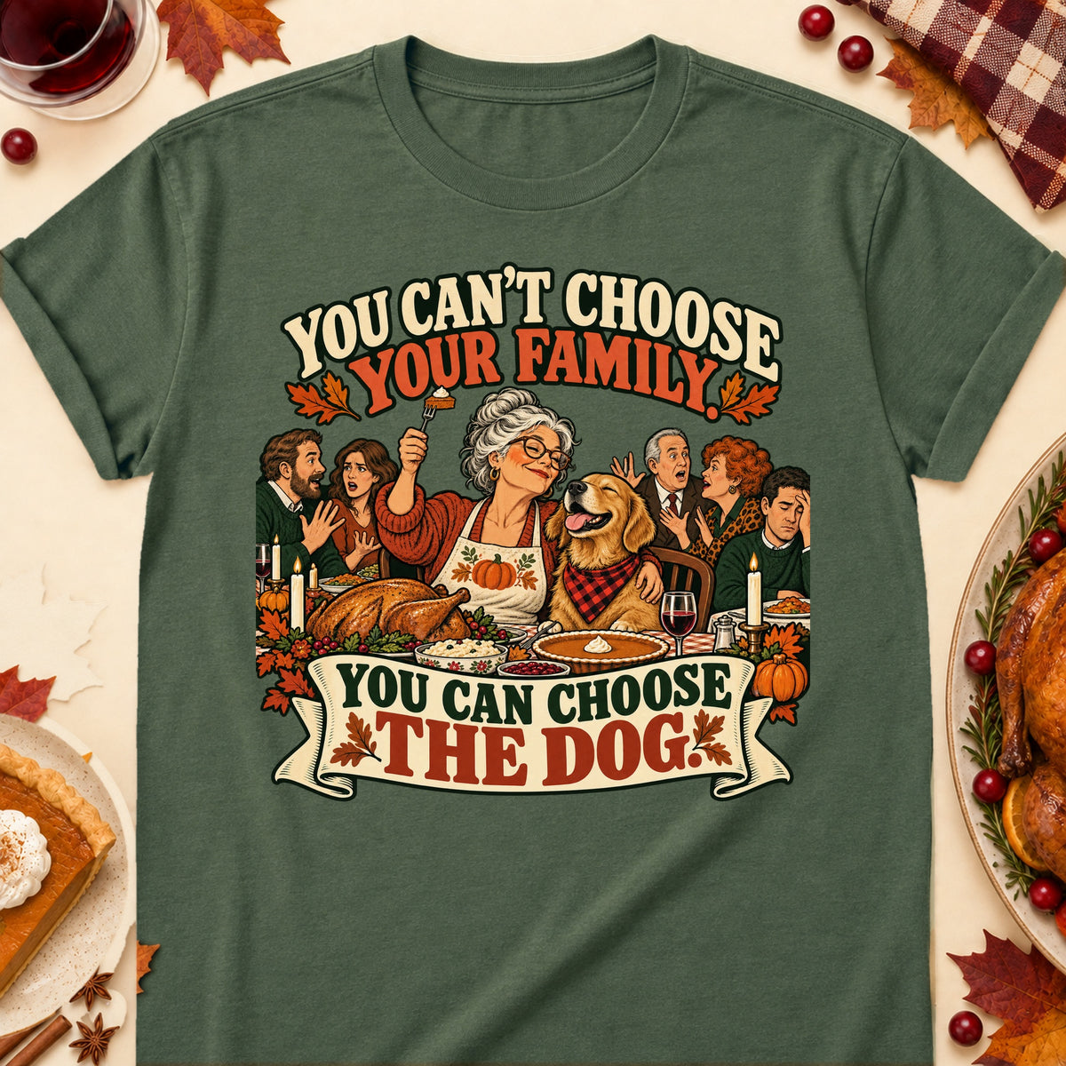 You Can't Choose Your Family. You Can Choose The Dog. Thanksgiving Dog Mom T-Shirt in Military Green
