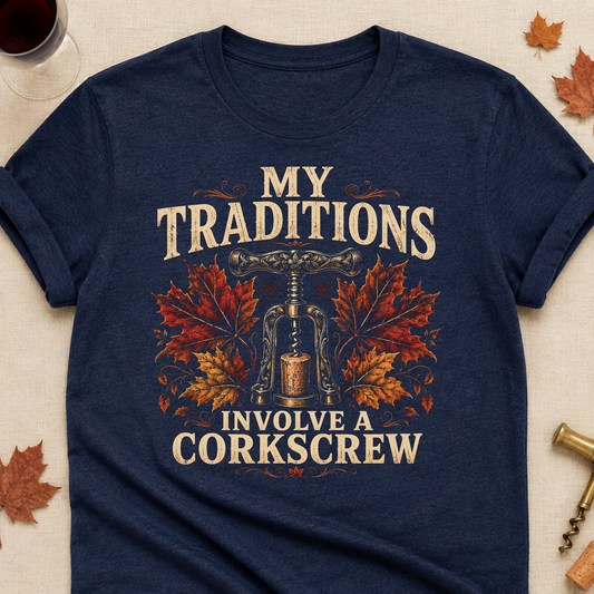 My Traditions Involve A Corkscrew Fall Colored Print T-Shirt - Heather Navy - Brooke & Belle