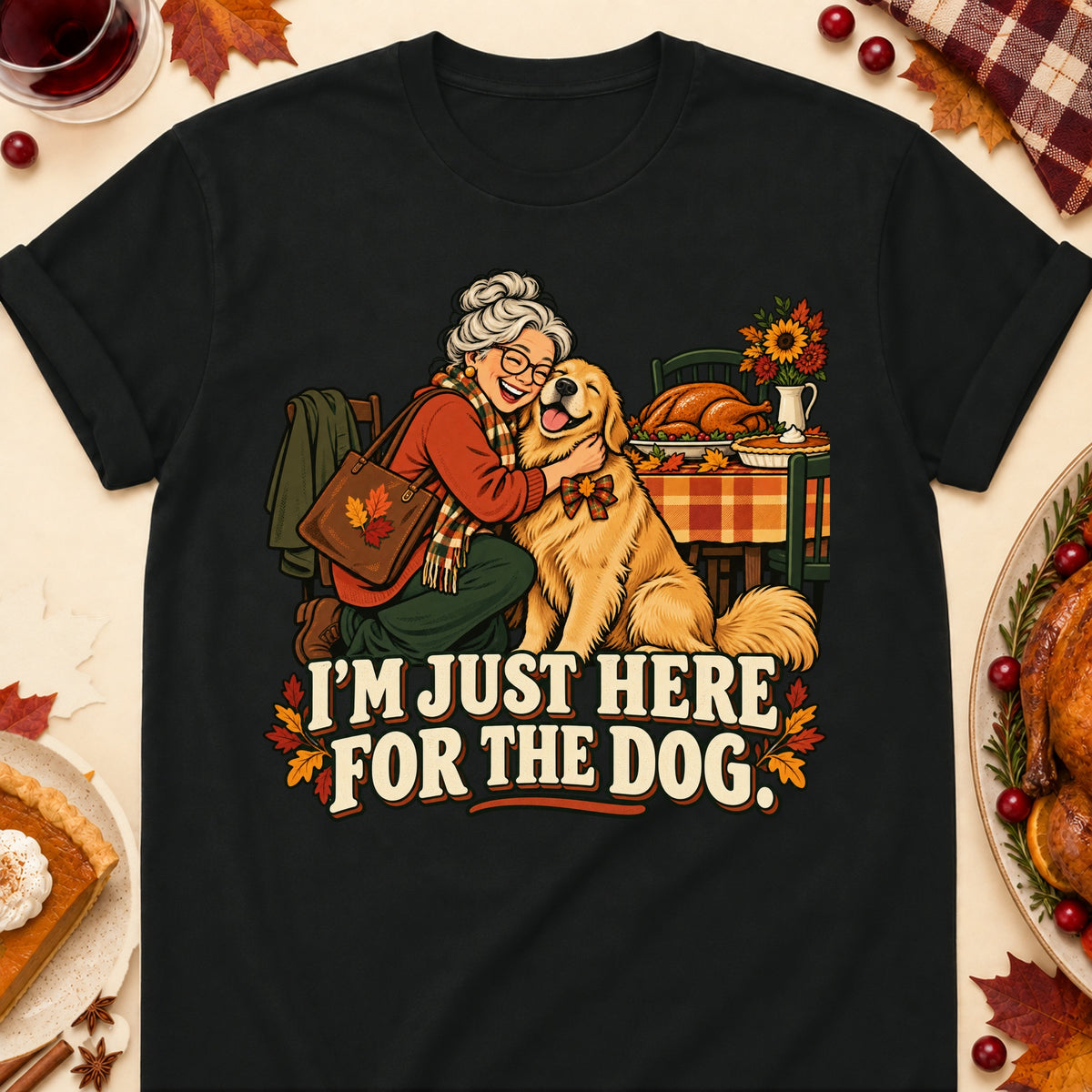 I'm Just Here For The Dog Thanksgiving Dog Mom T-Shirt in Black